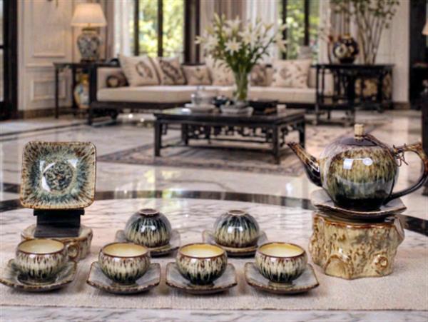 Bộ ấm chén men hoả biến Bát tràng dáng tròn