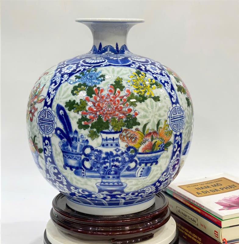 Bình hút tài lộc tứ quý cao cấp Bát Tràng cao 33 cm