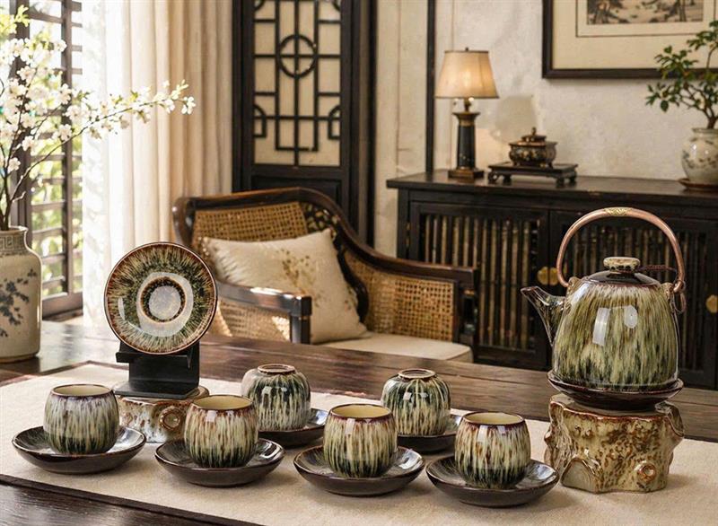 Bộ ấm chén men hoả biên quai đồng