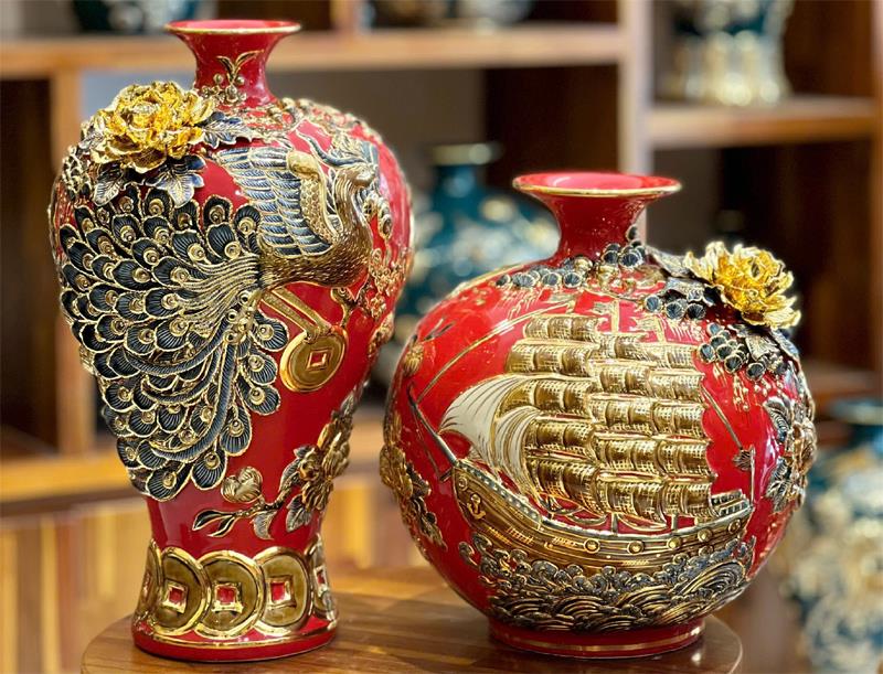 Bộ bảo bình Hút lộc sứ đắp nổi vàng kim